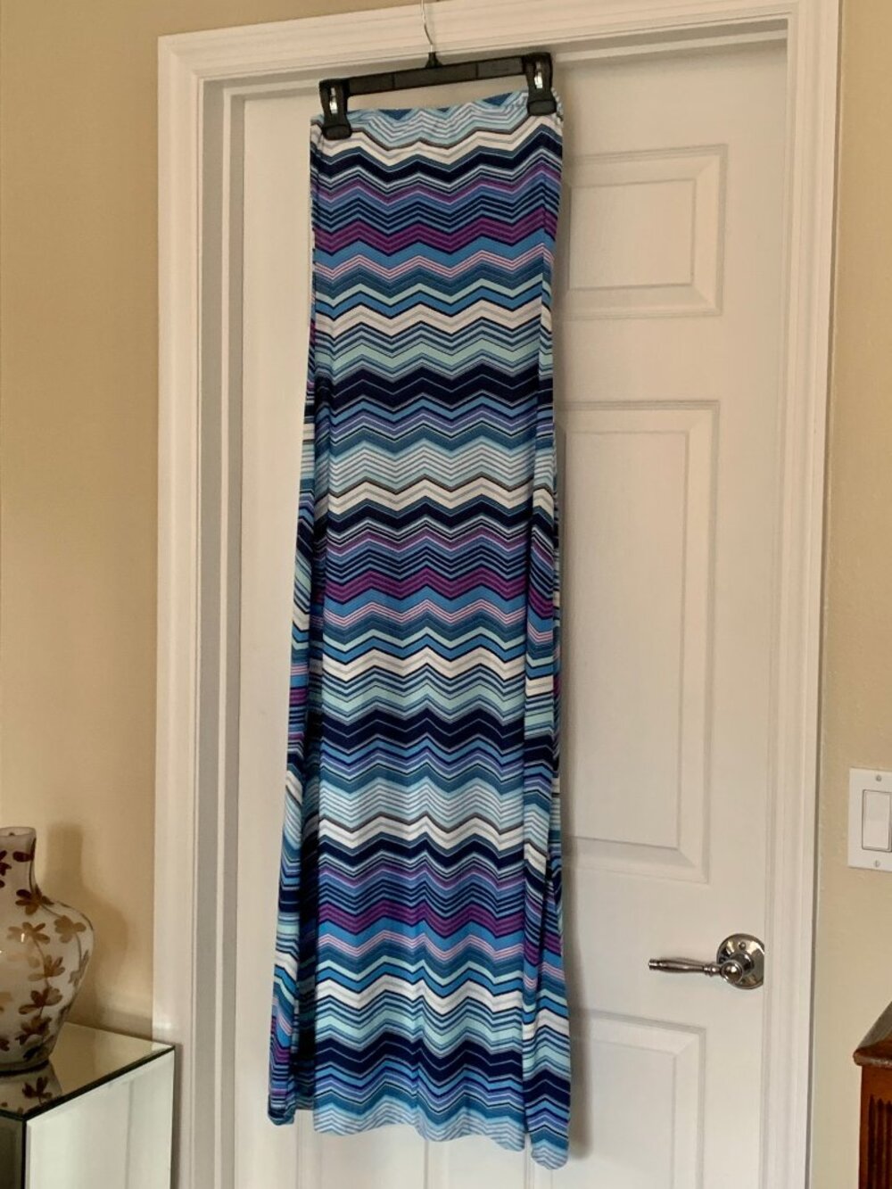 Nikki Poulos Strapless Chevron Print Maxi Dress - Blue/Purple Zig Zag - Size M
